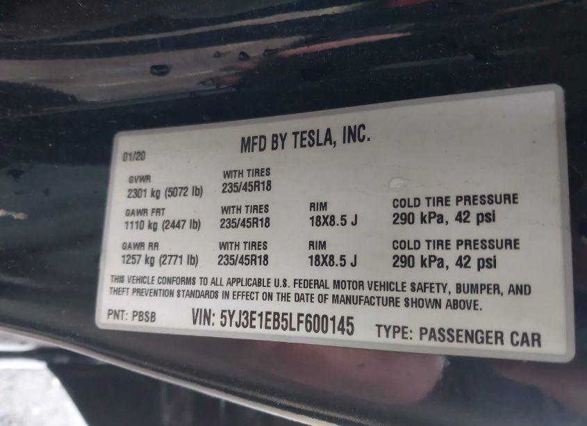 Photo 9 of 2020 Tesla Model 3 LONG RANGE DUAL MOTOR ALL-WHEEL DRIVE (VIN 5YJ3E1EB5LF600145)