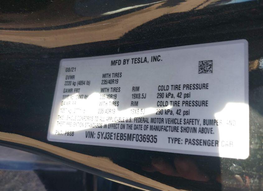 Photo 9 of 2021 Tesla Model 3 LONG RANGE DUAL MOTOR ALL-WHEEL DRIVE (VIN 5YJ3E1EB5MF036935)