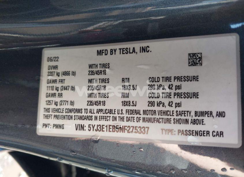 Photo 9 of 2022 Tesla Model 3 LONG RANGE DUAL MOTOR ALL-WHEEL DRIVE (VIN 5YJ3E1EB5NF275337)
