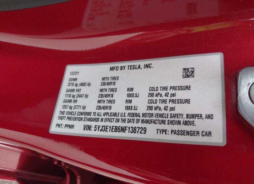 Photo 8 of 2022 Tesla Model 3 LONG RANGE DUAL MOTOR ALL-WHEEL DRIVE (VIN 5YJ3E1EB6NF138729)