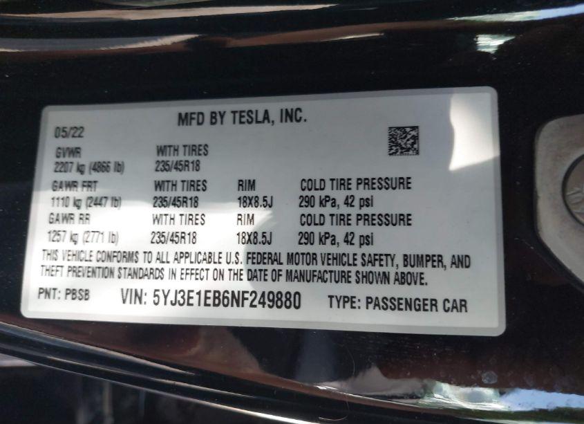 Photo 9 of 2022 Tesla Model 3 LONG RANGE DUAL MOTOR ALL-WHEEL DRIVE (VIN 5YJ3E1EB6NF249880)