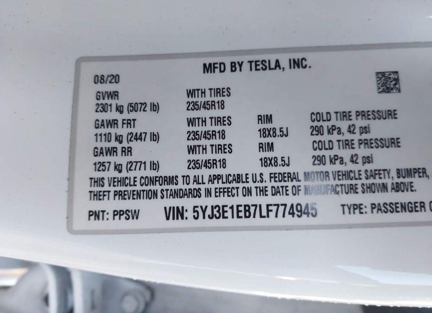 Photo 9 of 2020 Tesla Model 3 LONG RANGE DUAL MOTOR ALL-WHEEL DRIVE (VIN 5YJ3E1EB7LF774945)