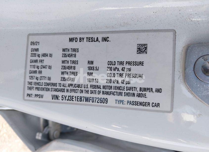 Photo 9 of 2021 Tesla Model 3 LONG RANGE DUAL MOTOR ALL-WHEEL DRIVE (VIN 5YJ3E1EB7MF072609)