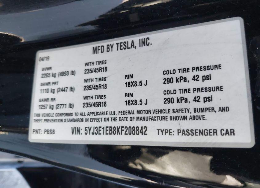 Photo 9 of 2019 Tesla Model 3 LONG RANGE/PERFORMANCE (VIN 5YJ3E1EB8KF208842)