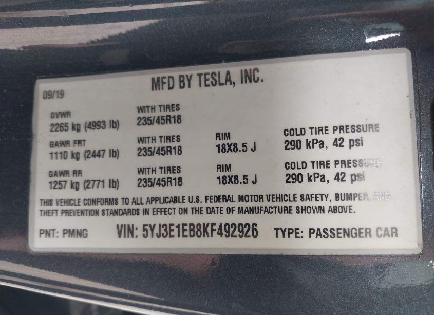 Photo 9 of 2019 Tesla Model 3 LONG RANGE/PERFORMANCE (VIN 5YJ3E1EB8KF492926)
