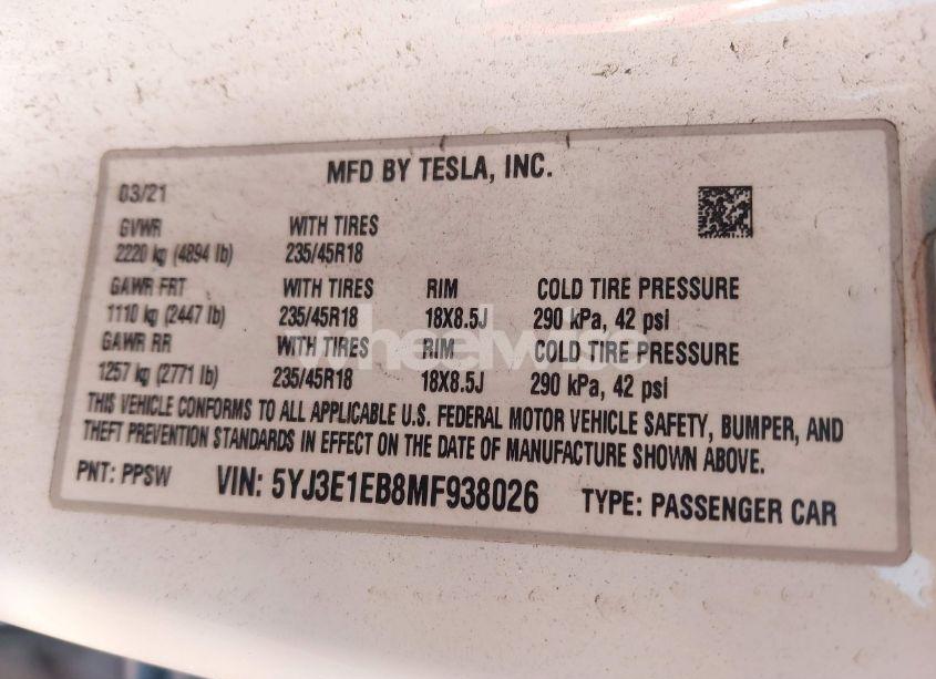 Photo 9 of 2021 Tesla Model 3 LONG RANGE DUAL MOTOR ALL-WHEEL DRIVE (VIN 5YJ3E1EB8MF938026)