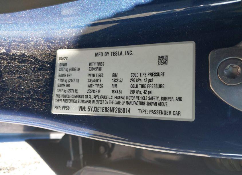 Photo 9 of 2022 Tesla Model 3 LONG RANGE DUAL MOTOR ALL-WHEEL DRIVE (VIN 5YJ3E1EB8NF265014)