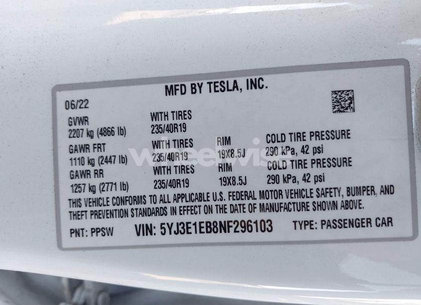 Photo 9 of 2022 Tesla Model 3 LONG RANGE DUAL MOTOR ALL-WHEEL DRIVE (VIN 5YJ3E1EB8NF296103)