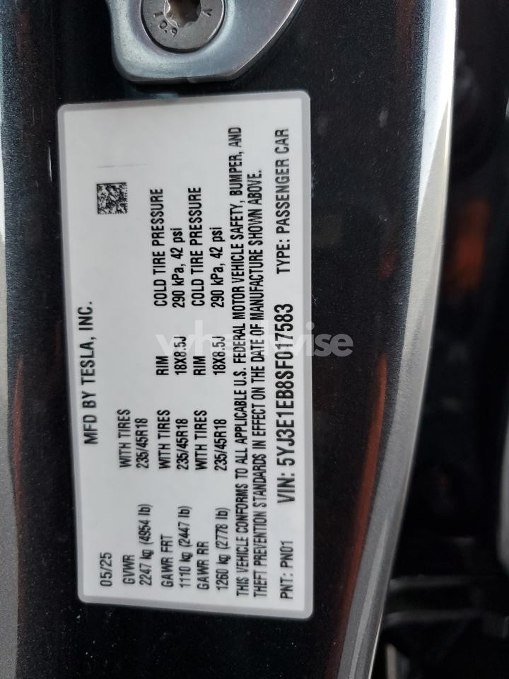 Photo 12 of 2025 TESLA MODEL 3 (VIN 5YJ3E1EB8SF017583)