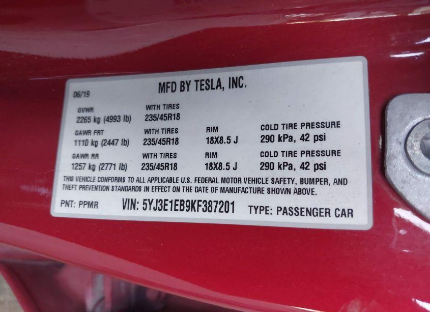 Photo 9 of 2019 Tesla Model 3 LONG RANGE/PERFORMANCE (VIN 5YJ3E1EB9KF387201)