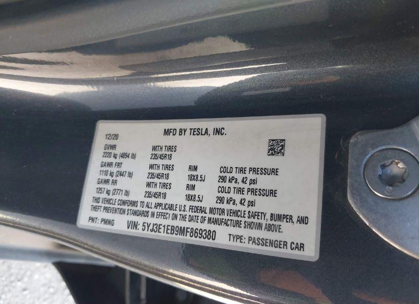 Photo 9 of 2021 Tesla Model 3 LONG RANGE DUAL MOTOR ALL-WHEEL DRIVE (VIN 5YJ3E1EB9MF869380)