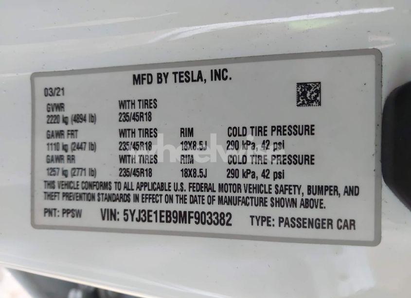 Photo 9 of 2021 Tesla Model 3 LONG RANGE DUAL MOTOR ALL-WHEEL DRIVE (VIN 5YJ3E1EB9MF903382)