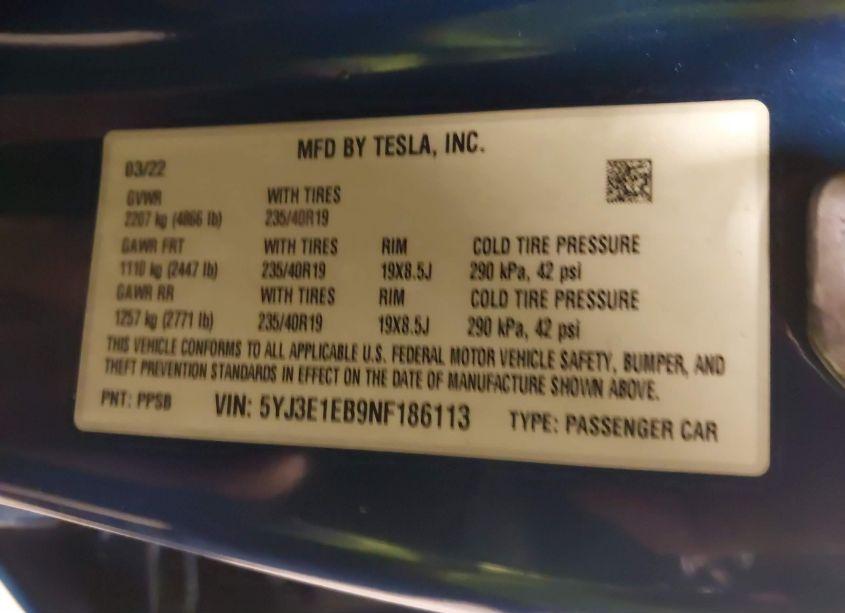 Photo 9 of 2022 Tesla Model 3 LONG RANGE DUAL MOTOR ALL-WHEEL DRIVE (VIN 5YJ3E1EB9NF186113)