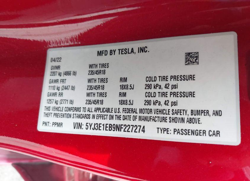 Photo 9 of 2022 Tesla Model 3 LONG RANGE DUAL MOTOR ALL-WHEEL DRIVE (VIN 5YJ3E1EB9NF227274)