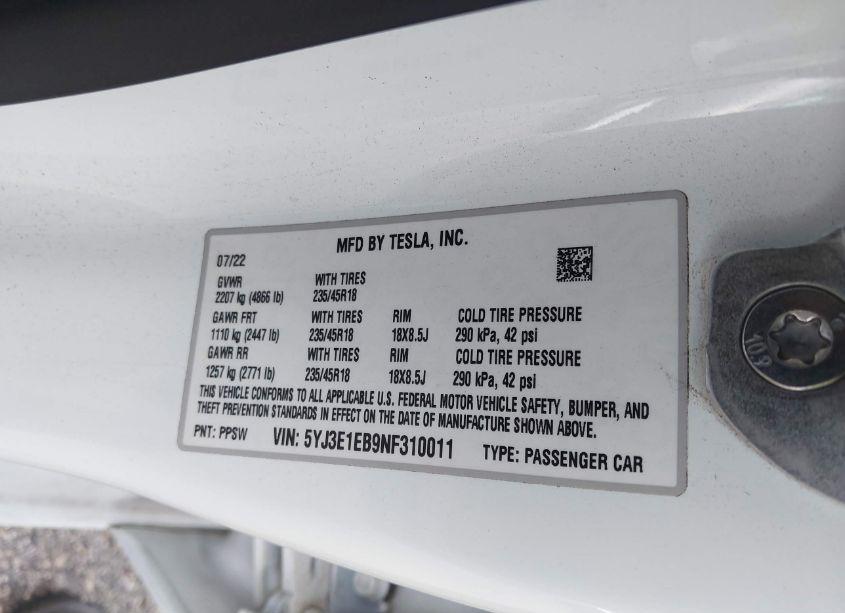 Photo 9 of 2022 Tesla Model 3 LONG RANGE DUAL MOTOR ALL-WHEEL DRIVE (VIN 5YJ3E1EB9NF310011)