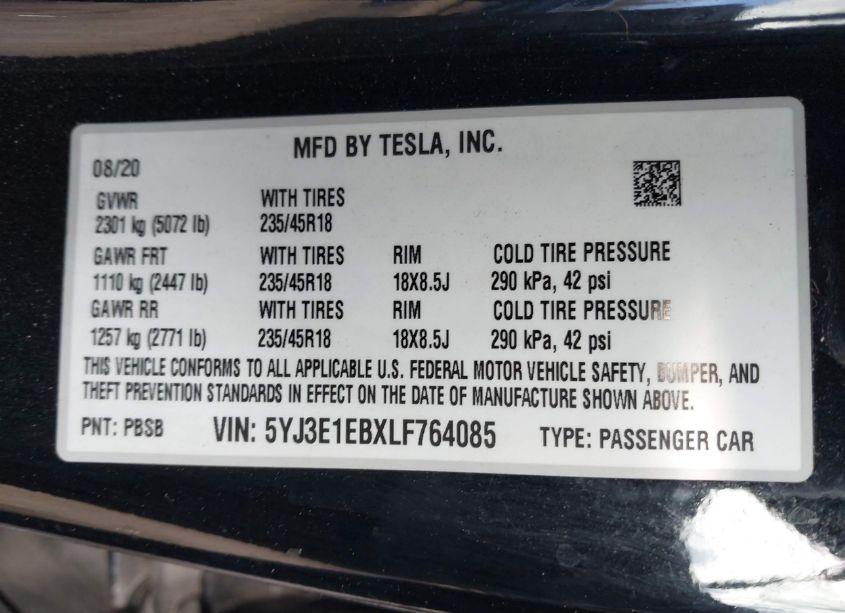 Photo 9 of 2020 Tesla Model 3 LONG RANGE DUAL MOTOR ALL-WHEEL DRIVE (VIN 5YJ3E1EBXLF764085)