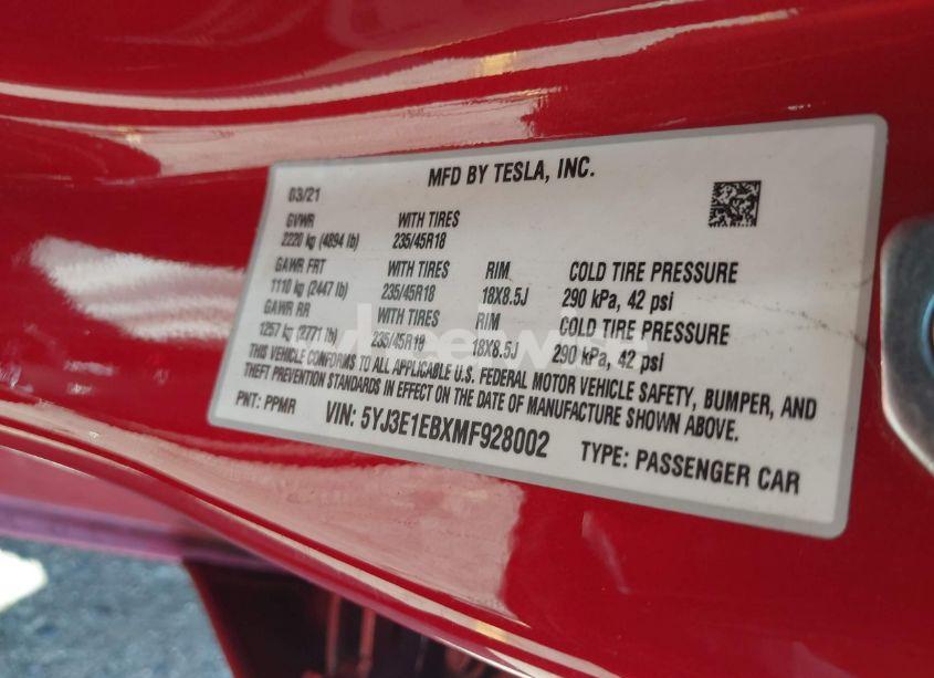 Photo 8 of 2021 Tesla Model 3 LONG RANGE DUAL MOTOR ALL-WHEEL DRIVE (VIN 5YJ3E1EBXMF928002)