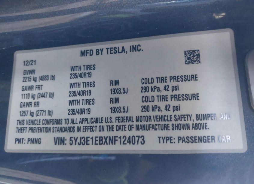 Photo 9 of 2022 Tesla Model 3 LONG RANGE DUAL MOTOR ALL-WHEEL DRIVE (VIN 5YJ3E1EBXNF124073)