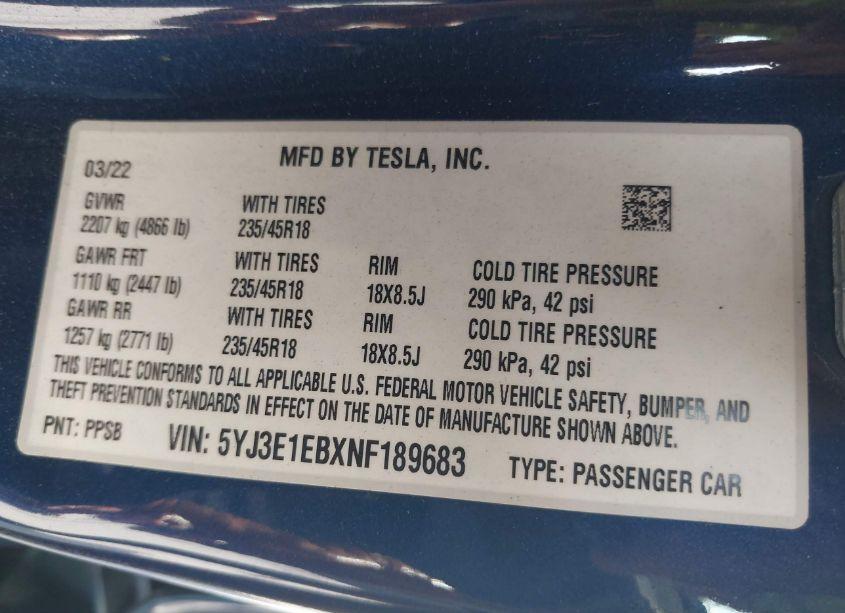 Photo 9 of 2022 Tesla Model 3 LONG RANGE DUAL MOTOR ALL-WHEEL DRIVE (VIN 5YJ3E1EBXNF189683)