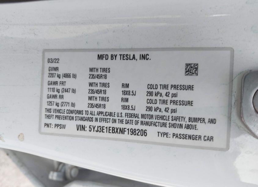 Photo 9 of 2022 Tesla Model 3 LONG RANGE DUAL MOTOR ALL-WHEEL DRIVE (VIN 5YJ3E1EBXNF198206)