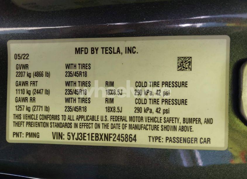 Photo 9 of 2022 Tesla Model 3 LONG RANGE DUAL MOTOR ALL-WHEEL DRIVE (VIN 5YJ3E1EBXNF245864)
