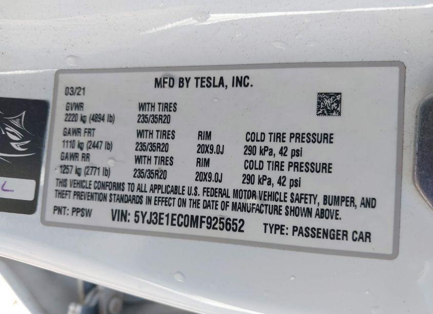 Photo 9 of 2021 Tesla Model 3 PERFORMANCE DUAL MOTOR ALL-WHEEL DRIVE (VIN 5YJ3E1EC0MF925652)