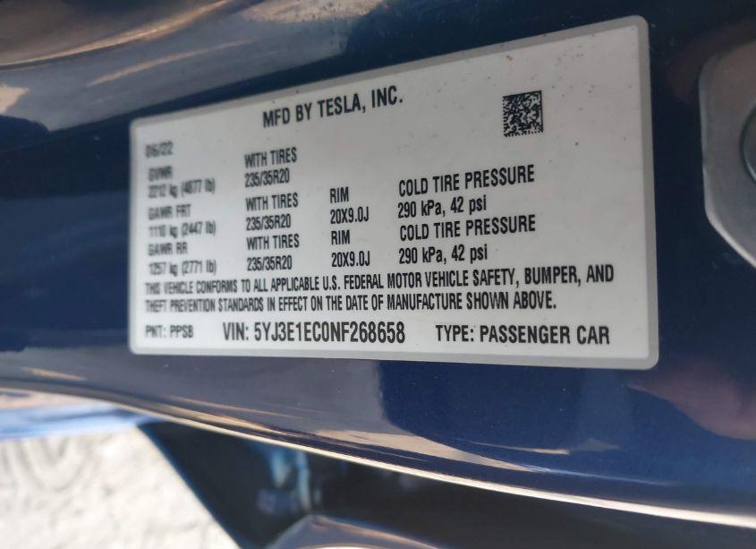 Photo 9 of 2022 Tesla Model 3 PERFORMANCE DUAL MOTOR ALL-WHEEL DRIVE (VIN 5YJ3E1EC0NF268658)