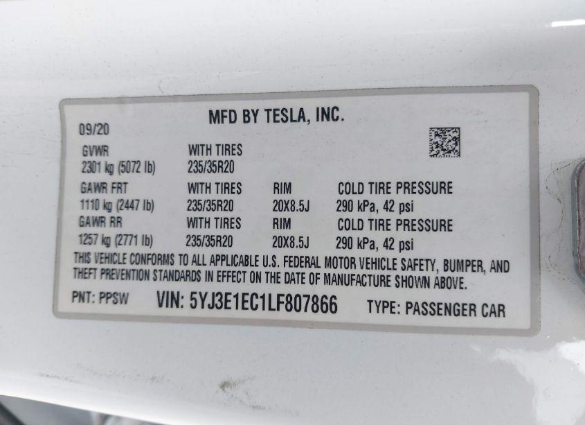 Photo 9 of 2020 Tesla Model 3 PERFORMANCE DUAL MOTOR ALL-WHEEL DRIVE (VIN 5YJ3E1EC1LF807866)