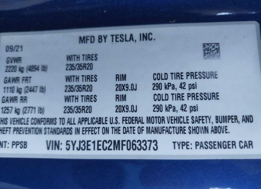Photo 9 of 2021 Tesla Model 3 PERFORMANCE DUAL MOTOR ALL-WHEEL DRIVE (VIN 5YJ3E1EC2MF063373)