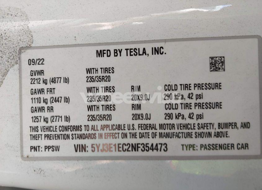 Photo 9 of 2022 Tesla Model 3 PERFORMANCE DUAL MOTOR ALL-WHEEL DRIVE (VIN 5YJ3E1EC2NF354473)