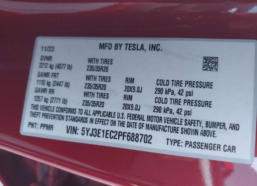 Photo 9 of 2023 Tesla Model 3 PERFORMANCE DUAL MOTOR ALL-WHEEL DRIVE (VIN 5YJ3E1EC2PF688702)
