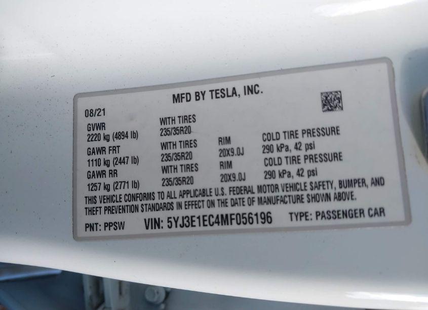 Photo 9 of 2021 Tesla Model 3 PERFORMANCE DUAL MOTOR ALL-WHEEL DRIVE (VIN 5YJ3E1EC4MF056196)