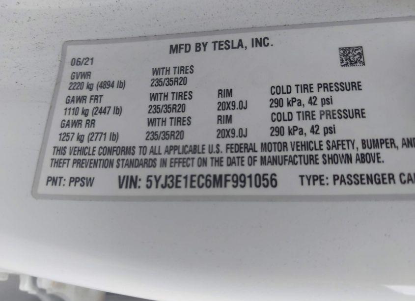 Photo 9 of 2021 Tesla Model 3 PERFORMANCE DUAL MOTOR ALL-WHEEL DRIVE (VIN 5YJ3E1EC6MF991056)