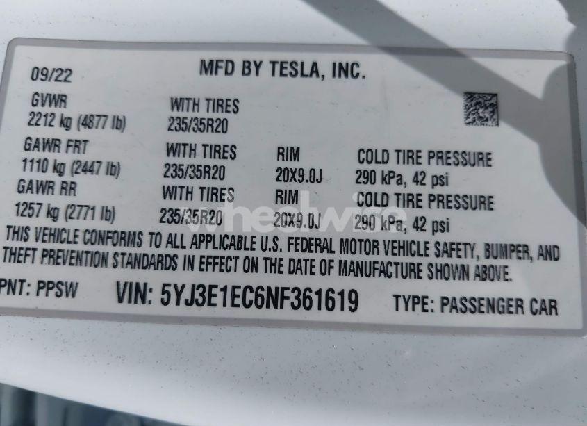 Photo 9 of 2022 Tesla Model 3 PERFORMANCE DUAL MOTOR ALL-WHEEL DRIVE (VIN 5YJ3E1EC6NF361619)