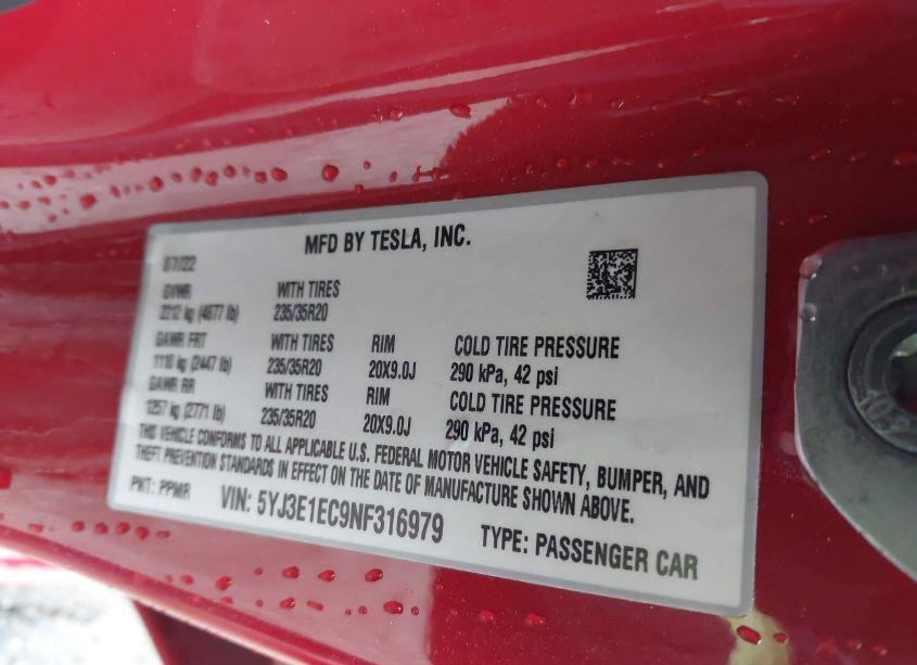 Photo 9 of 2022 Tesla Model 3 PERFORMANCE DUAL MOTOR ALL-WHEEL DRIVE (VIN 5YJ3E1EC9NF316979)