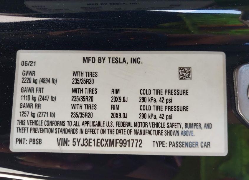 Photo 9 of 2021 Tesla Model 3 PERFORMANCE DUAL MOTOR ALL-WHEEL DRIVE (VIN 5YJ3E1ECXMF991772)