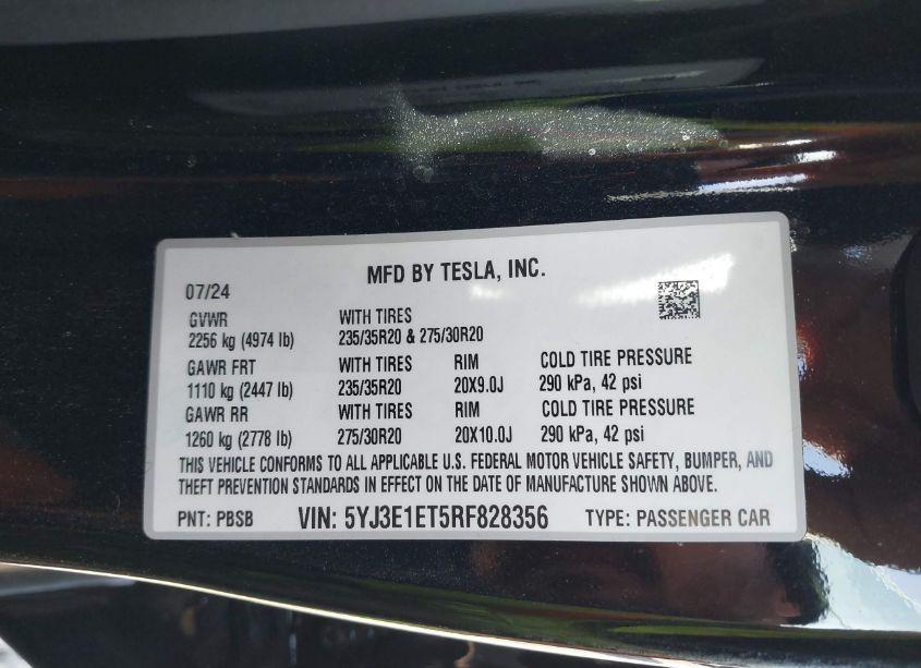 Photo 9 of 2024 Tesla Model 3 PERFORMANCE ALL-WHEEL DRIVE (VIN 5YJ3E1ET5RF828356)