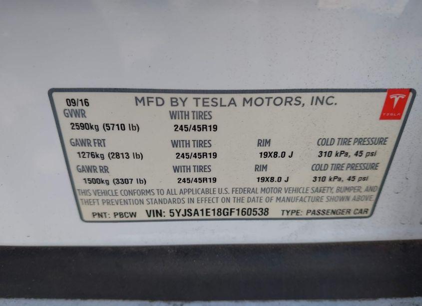 Photo 9 of 2016 Tesla Model S 60/70/75/85 (VIN 5YJSA1E18GF160538)