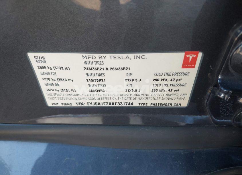 Photo 9 of 2019 Tesla Model S 100D/75D/LONG RANGE/STANDARD RANGE (VIN 5YJSA1E2XKF331744)