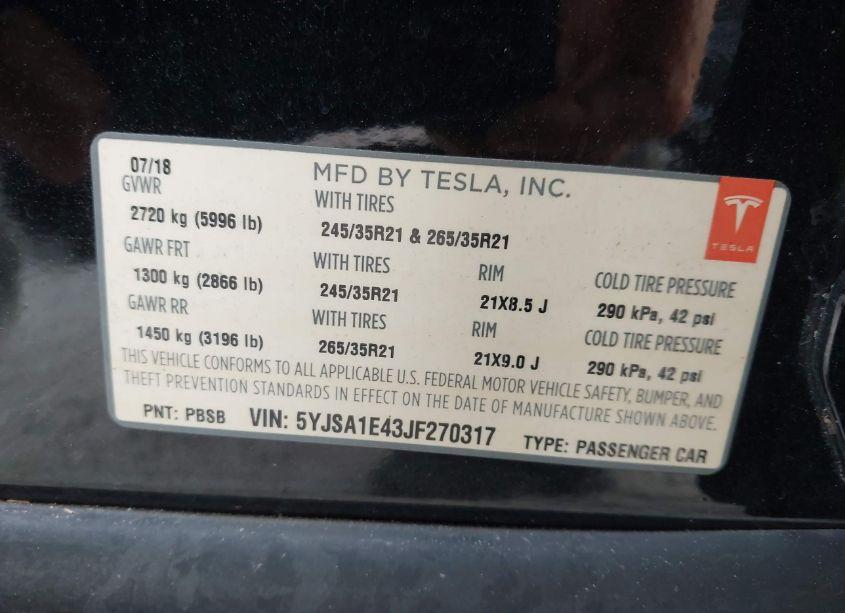 Photo 9 of 2018 Tesla Model S 100D/75D/P100D (VIN 5YJSA1E43JF270317)