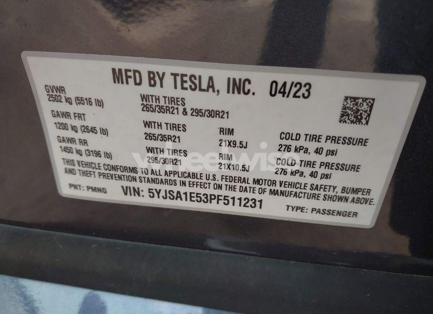 Photo 8 of 2023 Tesla Model S DUAL MOTOR ALL-WHEEL DRIVE/STANDARD RANGE (VIN 5YJSA1E53PF511231)