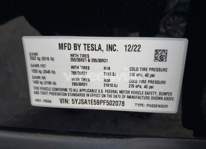 Photo 9 of 2023 Tesla Model S DUAL MOTOR ALL-WHEEL DRIVE/STANDARD RANGE (VIN 5YJSA1E59PF502078)