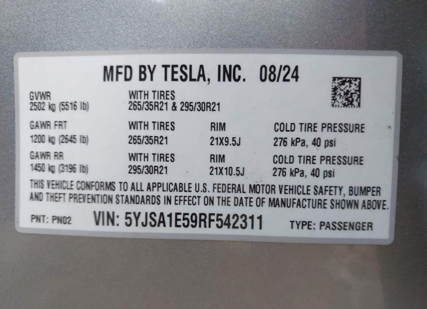 Photo 9 of 2024 Tesla Model S LONG RANGE (VIN 5YJSA1E59RF542311)