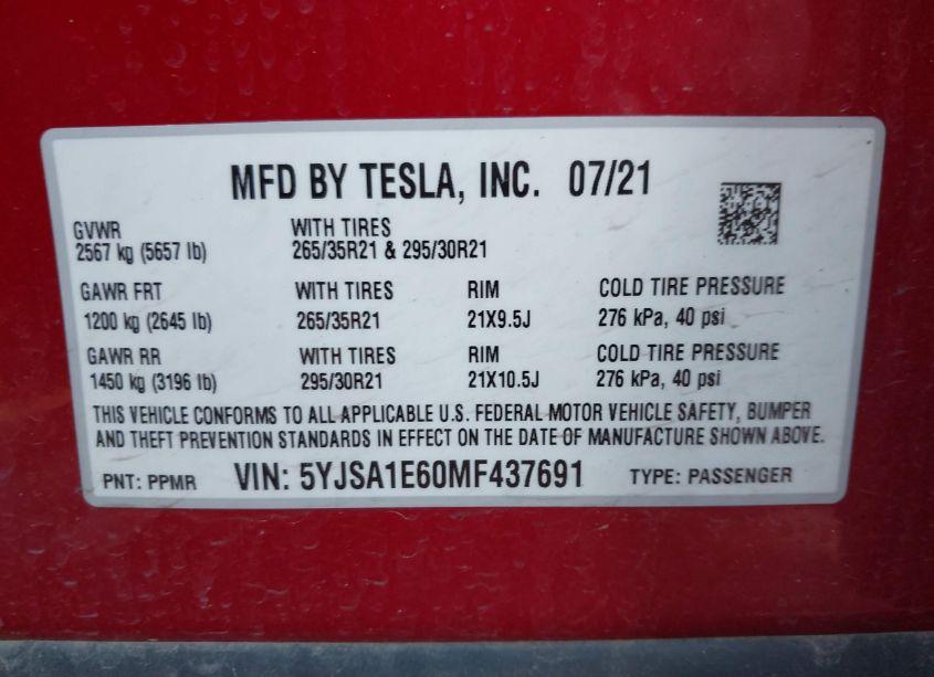 Photo 9 of 2021 Tesla Model S PLAID TRI MOTOR ALL-WHEEL DRIVE (VIN 5YJSA1E60MF437691)