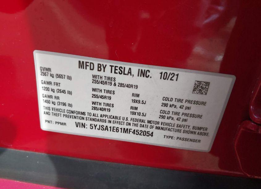 Photo 9 of 2021 Tesla Model S PLAID TRI MOTOR ALL-WHEEL DRIVE (VIN 5YJSA1E61MF452054)