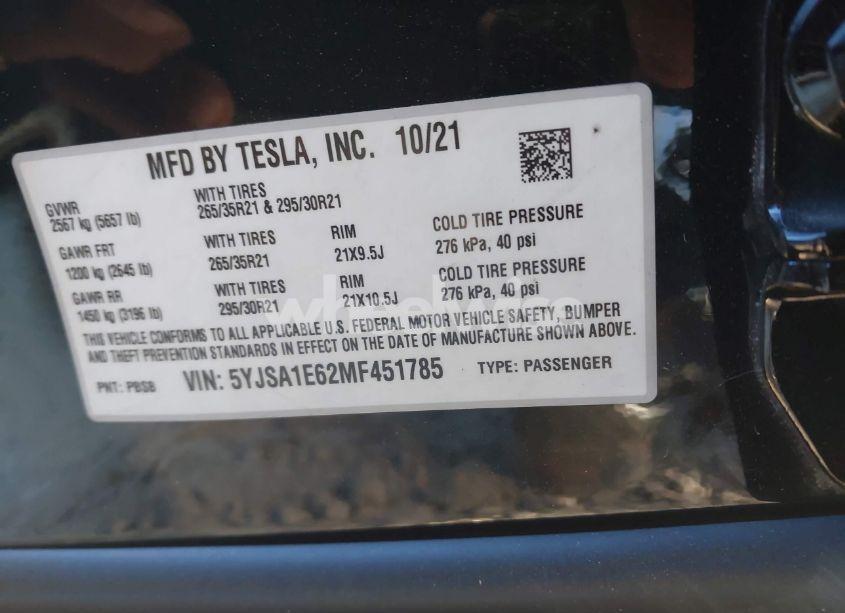 Photo 9 of 2021 Tesla Model S PLAID TRI MOTOR ALL-WHEEL DRIVE (VIN 5YJSA1E62MF451785)