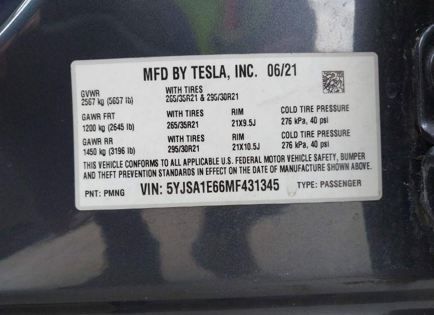 Photo 9 of 2021 Tesla Model S PLAID TRI MOTOR ALL-WHEEL DRIVE (VIN 5YJSA1E66MF431345)