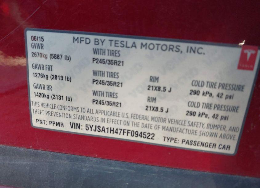 Photo 9 of 2015 Tesla Model S 85D/P85D (VIN 5YJSA1H47FF094522)