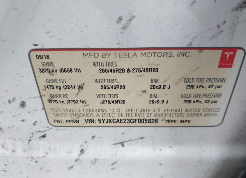 Photo 9 of 2016 Tesla Model X 60D/70D/75D/90D (VIN 5YJXCAE23GF005825)