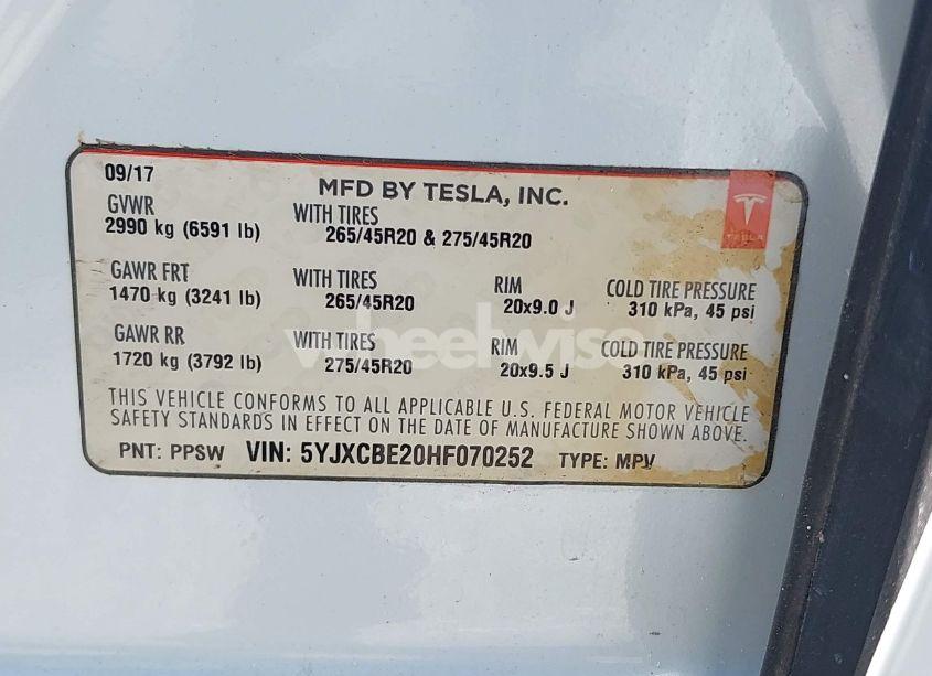 Photo 9 of 2017 Tesla Model X 100D/75D/90D (VIN 5YJXCBE20HF070252)